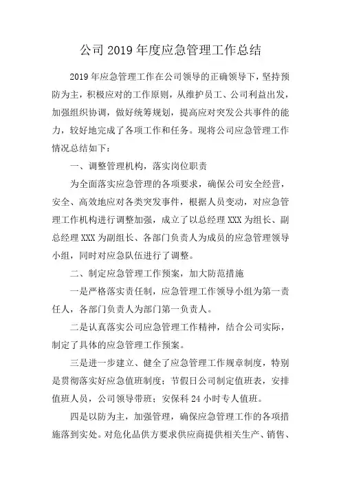公司2019年度应急管理工作总结