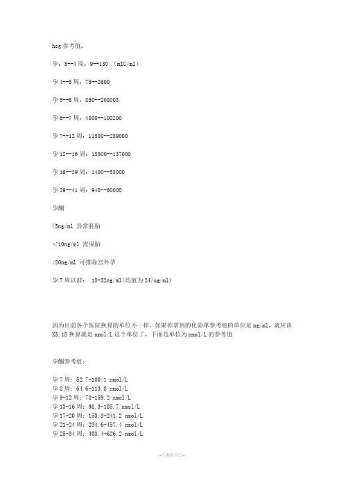 各个阶段孕酮和hcg的正常值对照表
