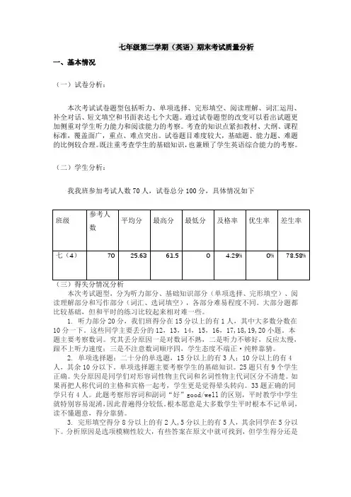 七年级第二学期(英语)期末考试质量分析