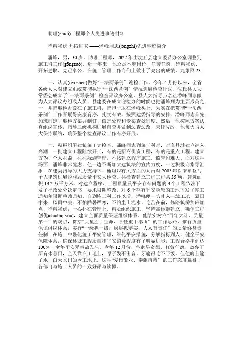 免费范文：助理工程师个人先进事迹材料