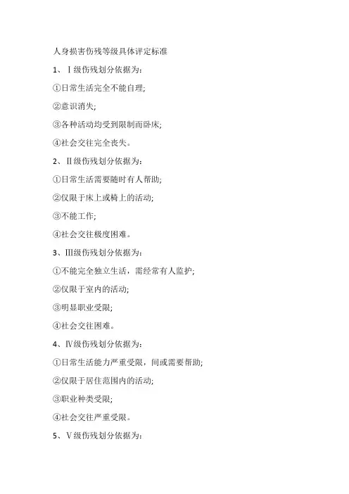 人生伤害伤残鉴定等级标准