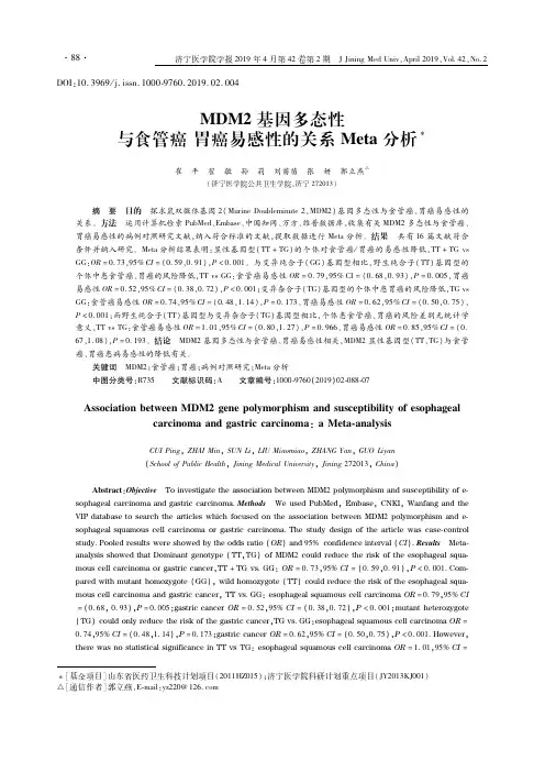 MDM2基因多态性与食管癌胃癌易感性的关系Meta分析