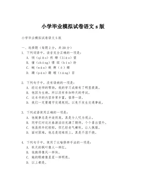 小学毕业模拟试卷语文s版