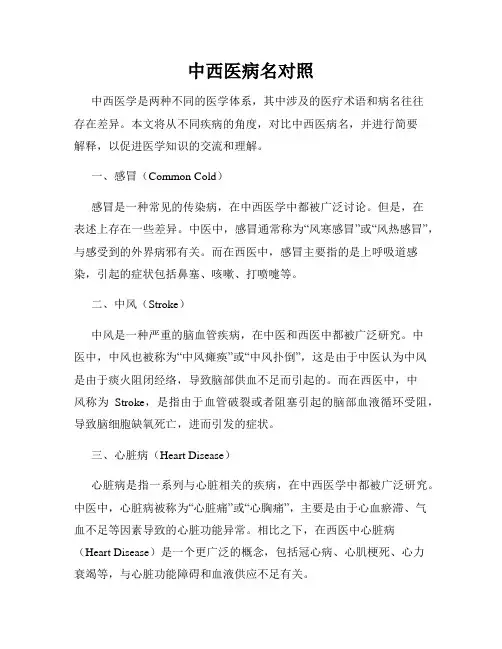 中西医病名对照