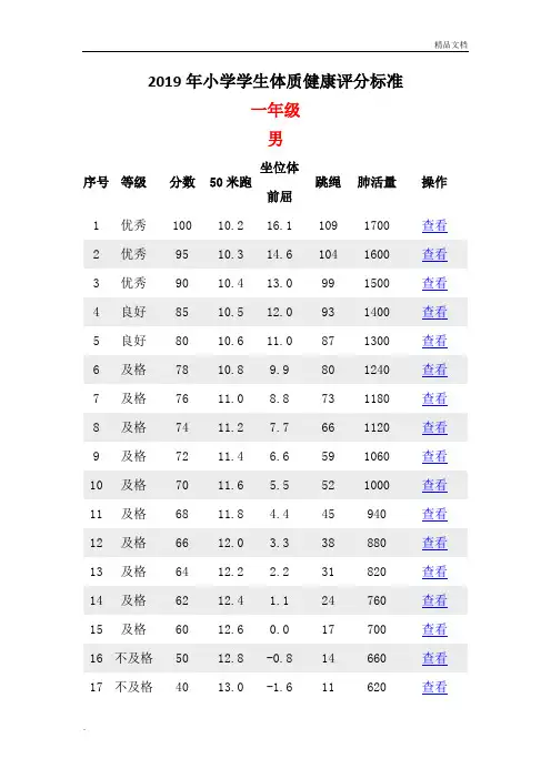 2019年小学生体质健康评分标准