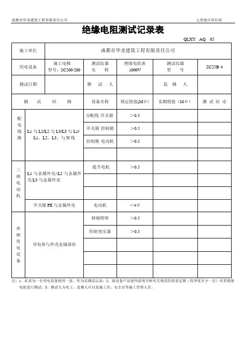 绝缘电阻测试记录表-施工电梯