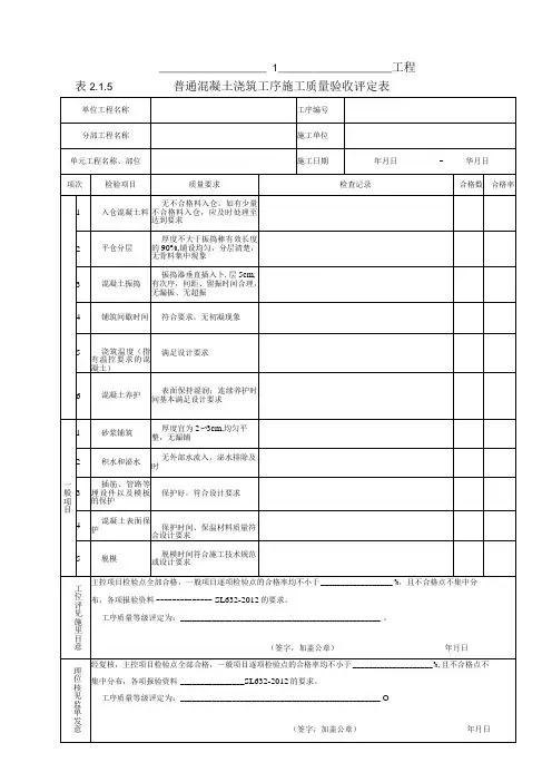 普通混凝土浇筑工序施工质量验收评定表