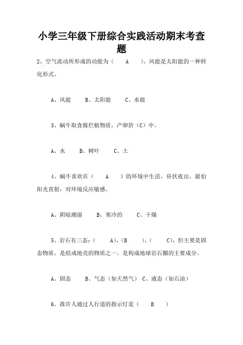 小学三年级下册综合实践活动期末考查题