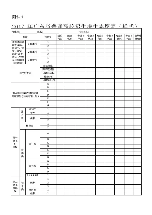 广东省普通高校招生考生志愿表样式