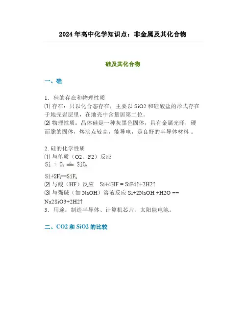 2024年高中化学知识点：非金属及其化合物