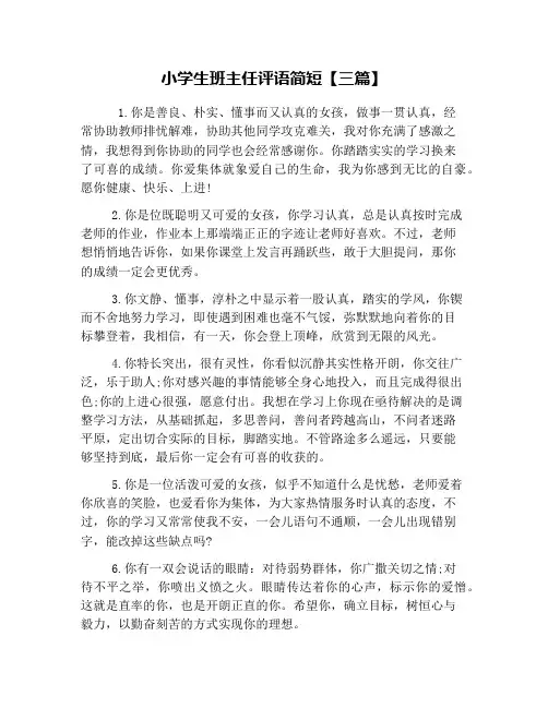 小学生班主任评语简短【三篇】