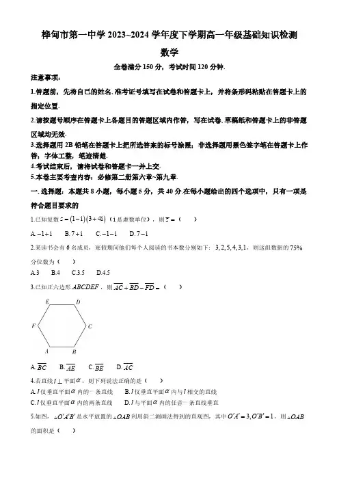 吉林省吉林市桦甸市第一中学2023-2024学年高一下学期期中基础知识检测数学试题(含解析)