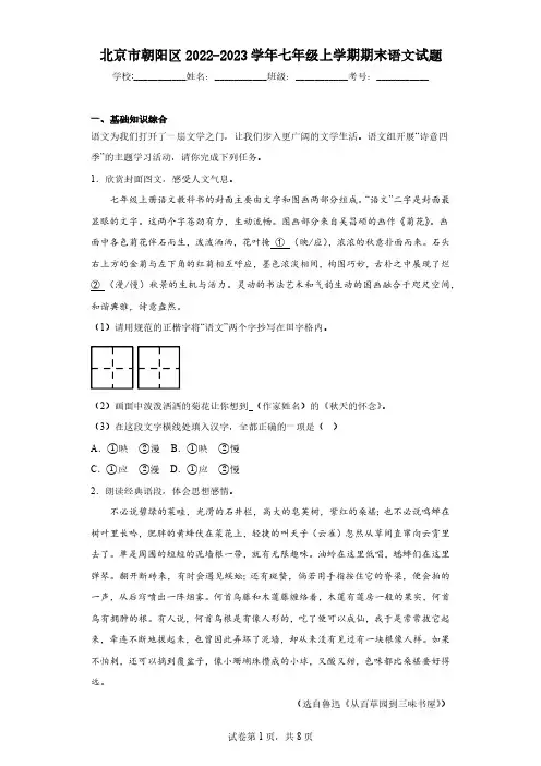 北京市朝阳区2022-2023学年七年级上学期期末语文试题