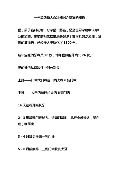 一年级动物大百科知识介绍猫的模板