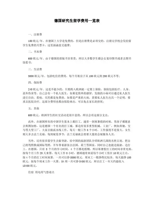 德国研究生留学费用一览表
