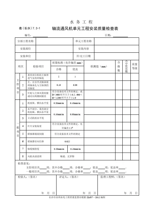 表(长水)7.3-1 轴流通风机单元工程安装质量检查表