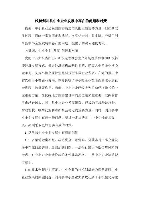 剑川县中小企业发展中存在的问题和对策