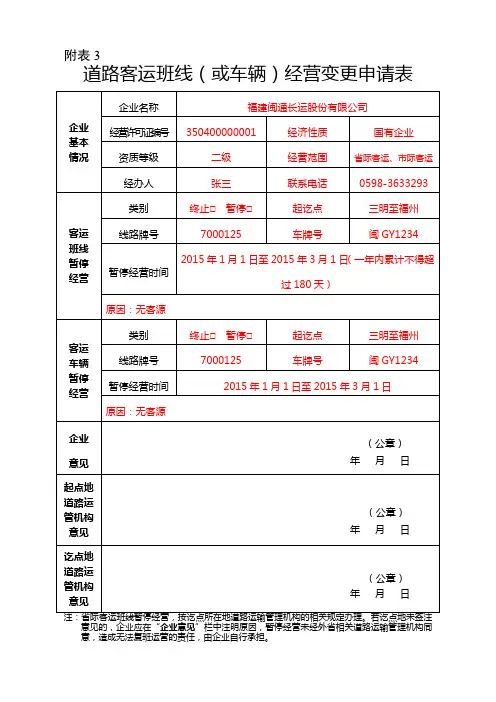 道路客运班线(或车辆)经营变更申请表样表