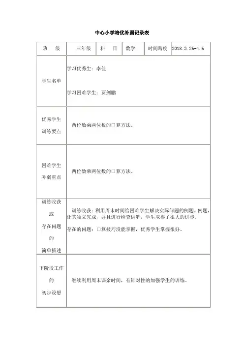 培优补差工作记录表三数第六周