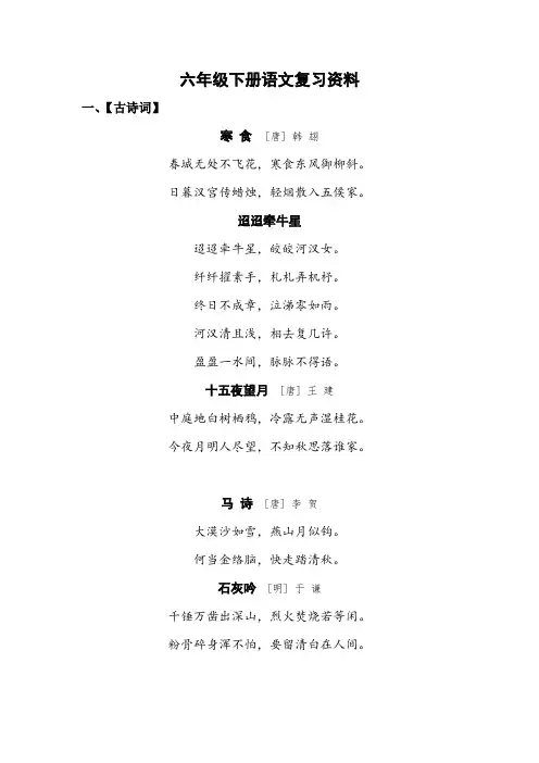六年级语文下册语文古诗词 文言文 日积月累复习资料