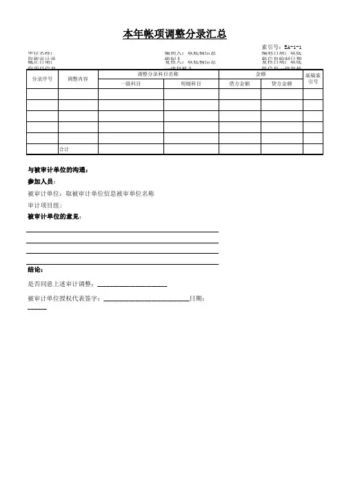 审计表格模板EA-1账项调整分录汇总表