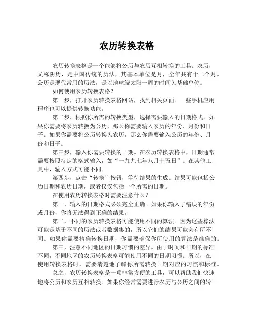 农历转换表格