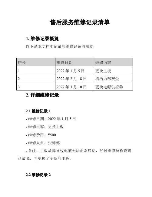 售后服务维修记录清单