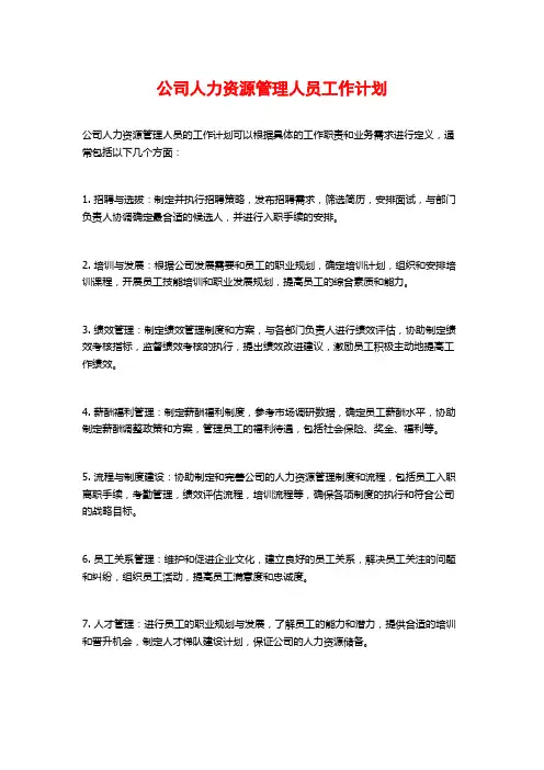 公司人力资源管理人员工作计划