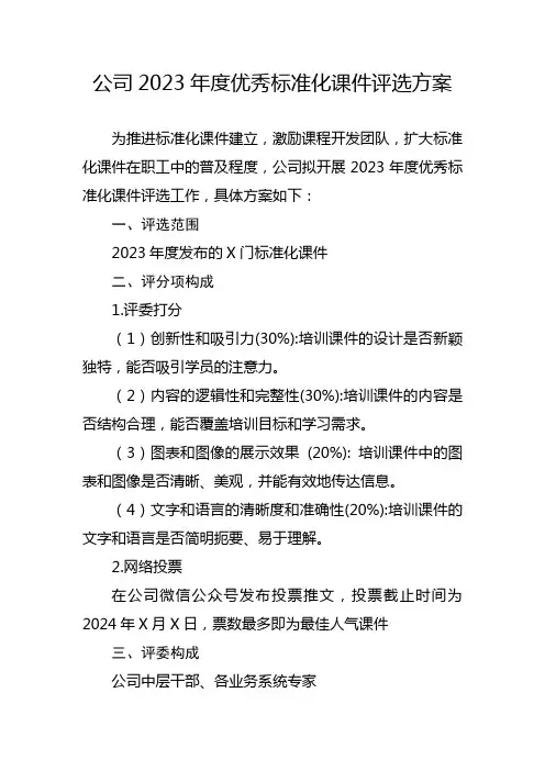 公司2023年度优秀标准化课件评选方案