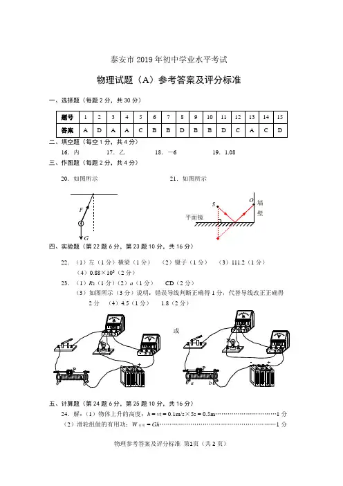 泰安市2019年初中学业水平考试物理试题参考答案