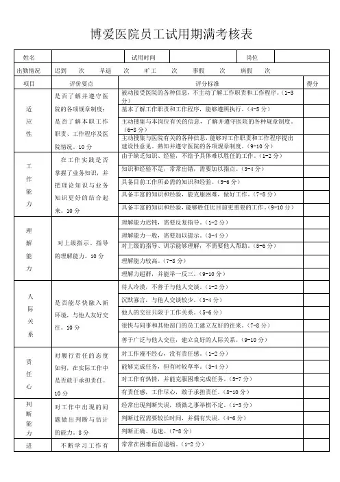 医院新员工试用期考核表