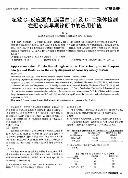 超敏C-反应蛋白、脂蛋白(a)及D-二聚体检测在冠心病早期诊断中的应用价值