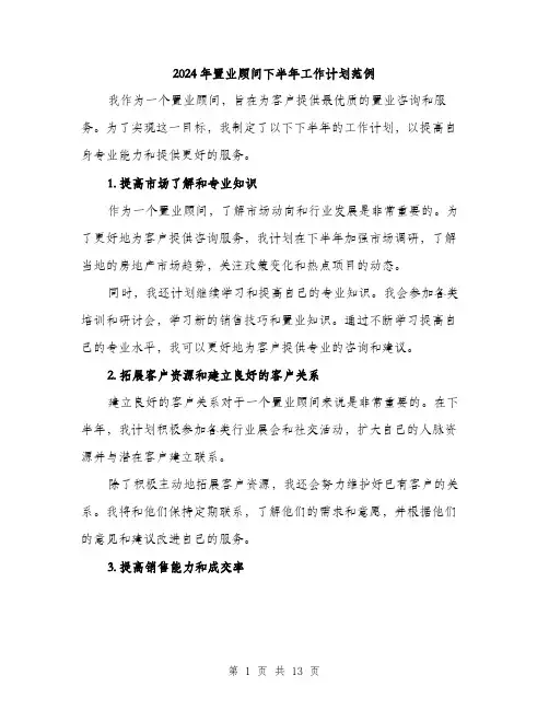 2024年置业顾问下半年工作计划范例（5篇）