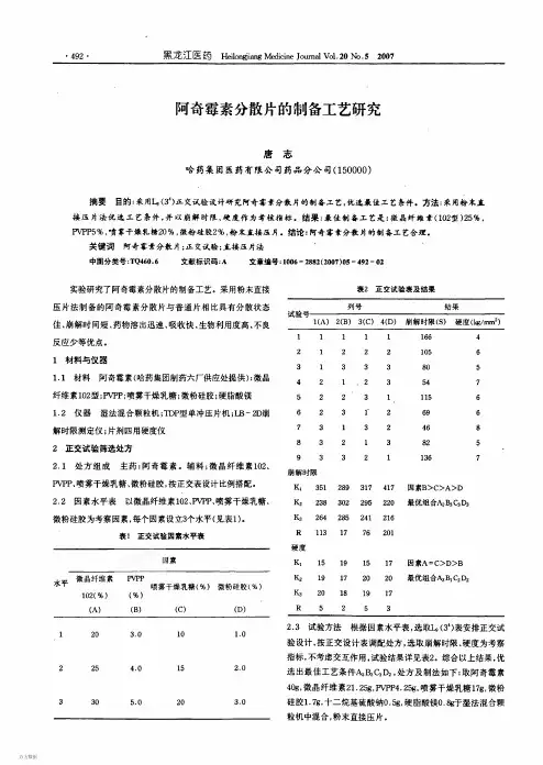 阿奇霉素分散片的制备工艺研究