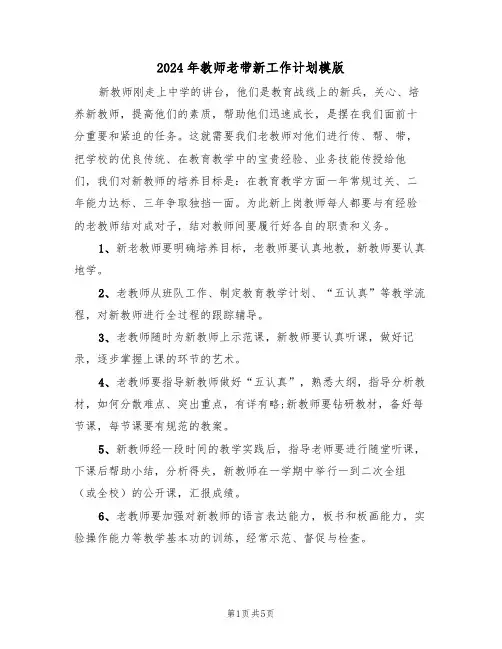 2024年教师老带新工作计划模版（二篇）