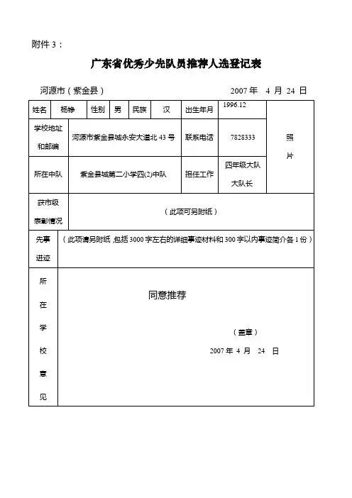 广东省优秀少先队员推荐人选登记表