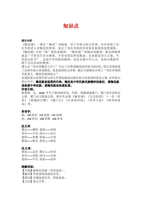 五年级语文下册《梅花魂》知识点和同步练习及答案