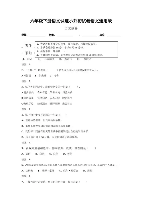 六年级下册语文试题小升初试卷语文通用版