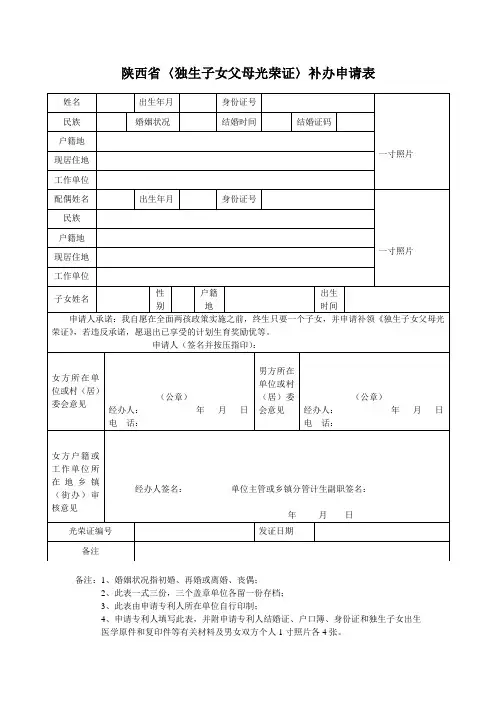 独生子女补办申请表