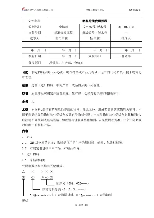 SMP-W001-01 物料分类代码规程(2013.05.26)