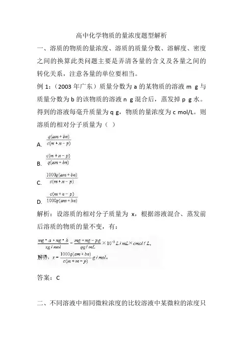 高中化学物质的量浓度题型解析