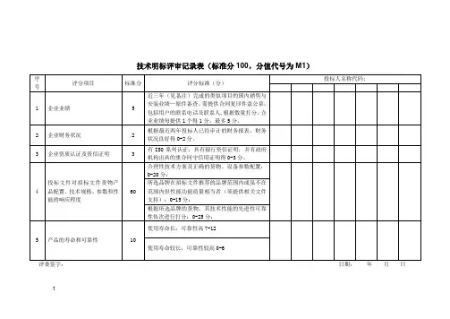 XX投标项目技术明标评审记录表(2023年)