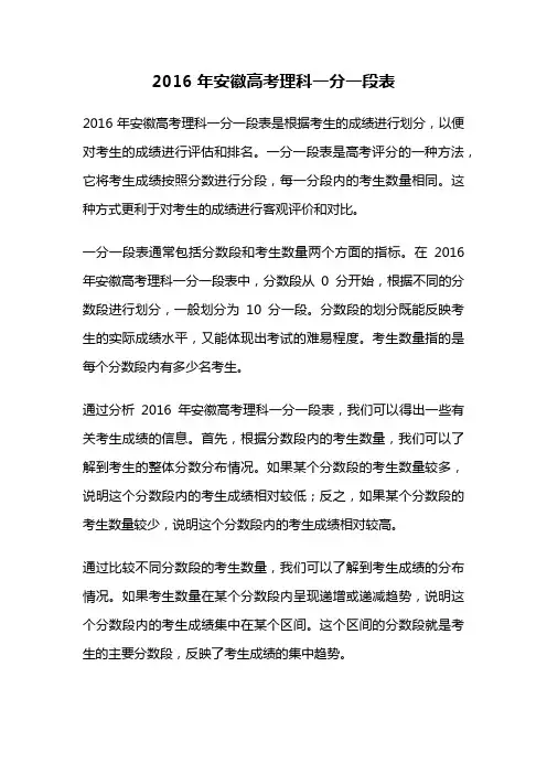 2016年安徽高考理科一分一段表