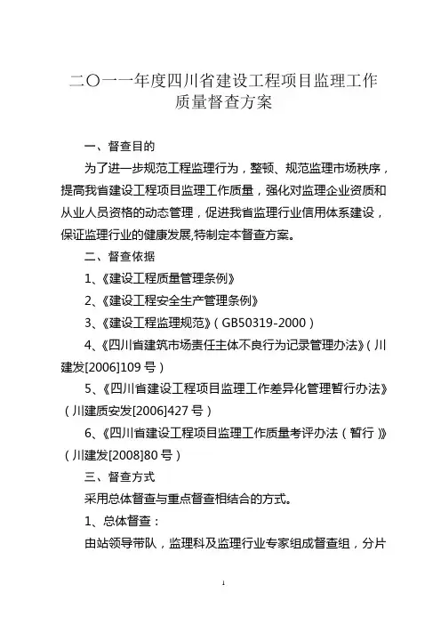 四川省建设工程项目监理工作质量督查方案1