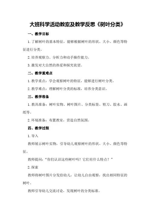 大班科学活动教案及教学反思《树叶分类》