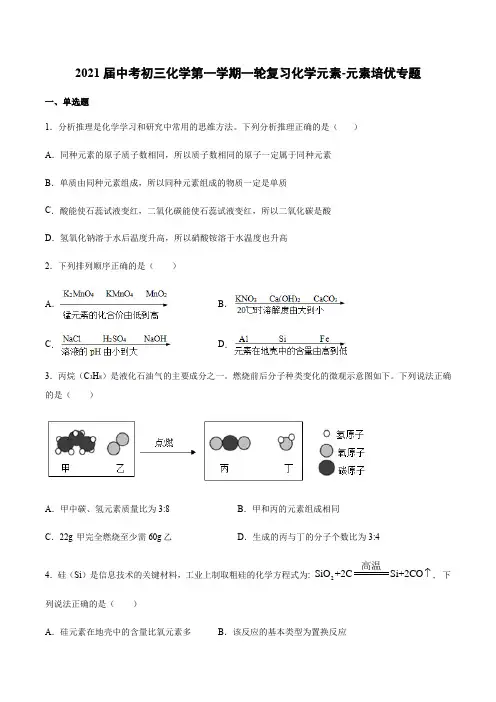 2021届中考初三化学第一学期一轮复习化学元素-元素培优专题【有答案】