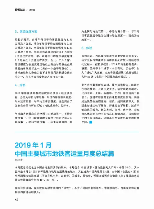 2019年1月中国主要城市地铁客运量月度总结篇