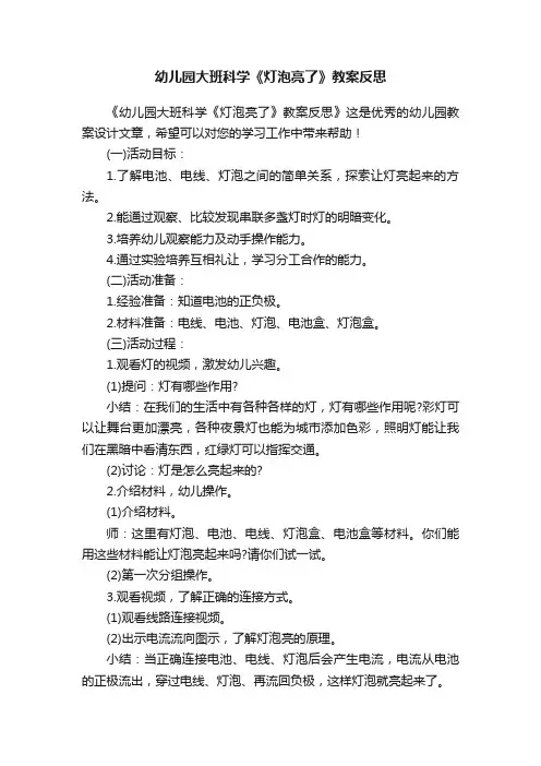 幼儿园大班科学《灯泡亮了》教案反思