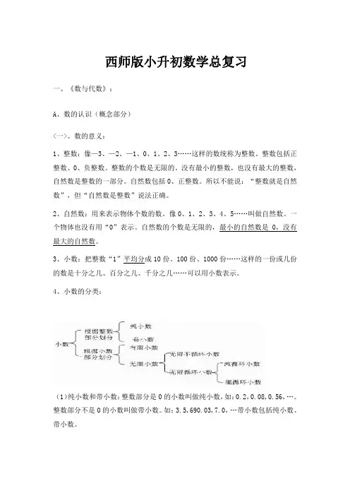 最新西师大版小学六年级小升初数学总复习重点知识整理与模拟试题