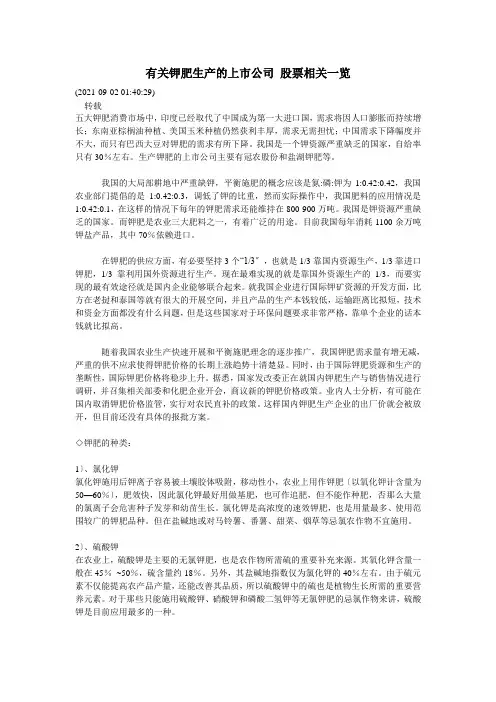 有关钾肥生产的上市公司 股票相关一览
